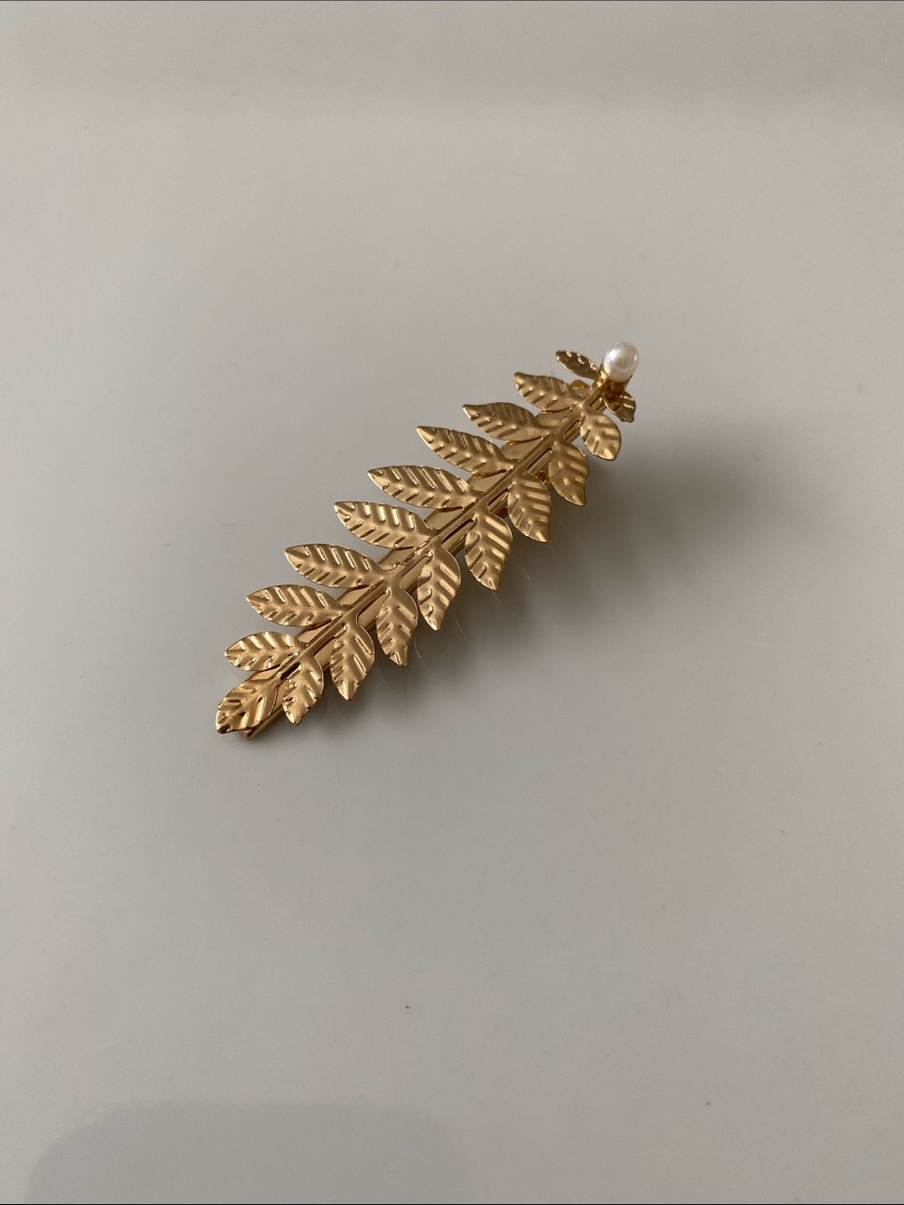 Gold Leaf Barrette Hair Clip with Pearl Accent